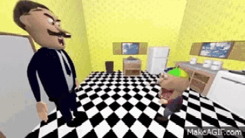 a man in a suit and tie is standing next to a boy in a kitchen .