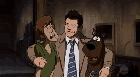 scooby doo and his friends are standing next to each other in a dark room in a cartoon .