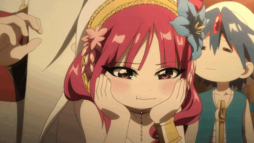 a girl with red hair has her hands on her face and a flower in her hair