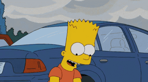 bart simpson stands in front of a blue car with his mouth open