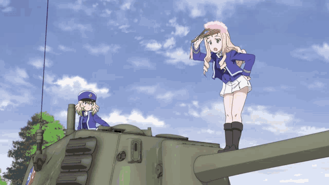 two anime girls standing on top of a tank with one holding a sword