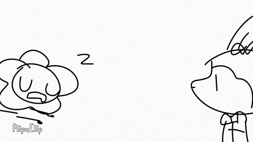 a black and white drawing of a flower sleeping and a dog standing next to each other .