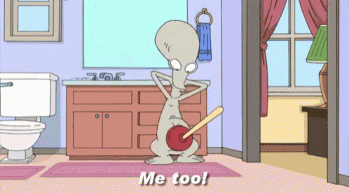 a cartoon character says me too in a bathroom scene