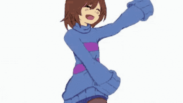 a cartoon of a girl wearing a blue sweater with a purple stripe