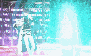 a man in a white coat stands in front of a blue light