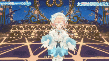 a girl in a blue and white dress is standing on a stage with a sign that says love on it