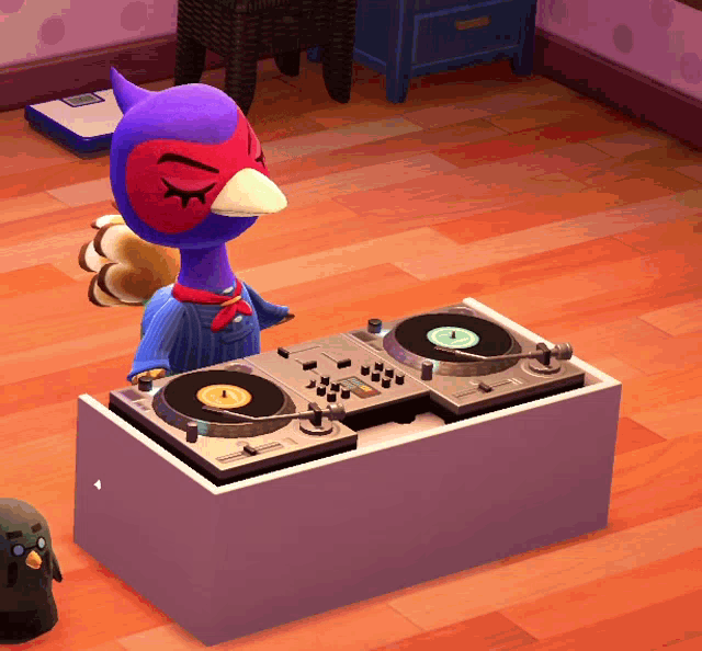 a purple and red bird is standing behind a turntable that says ' pioneer ' on it