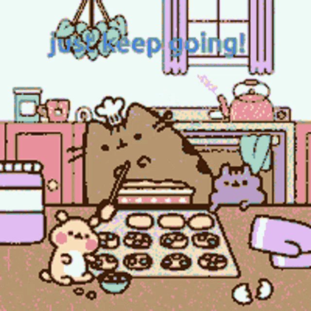 a pixel art drawing of a cat and a hamster making cookies with the words just keeping going behind them