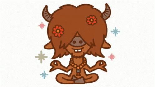 a cartoon drawing of a bison meditating with flowers on its head