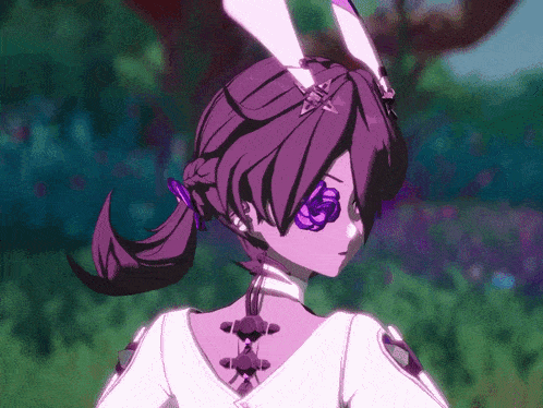 a girl with purple hair and bunny ears is wearing a white top