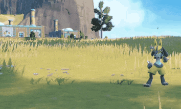 a cartoon character is standing in a grassy field