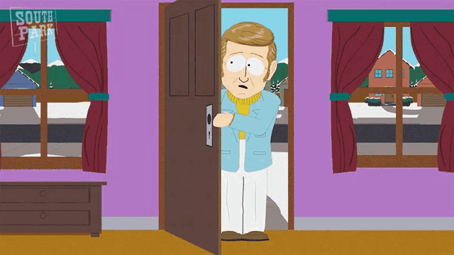 a cartoon of a man standing in a doorway with south park written on the bottom right
