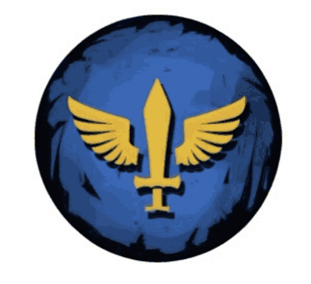 a blue circle with a yellow sword and wings on it