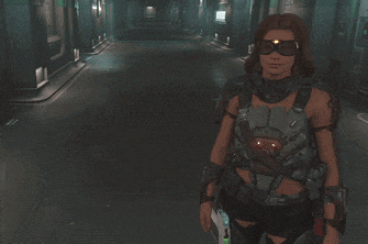 a woman in a futuristic outfit is standing in a dark hallway