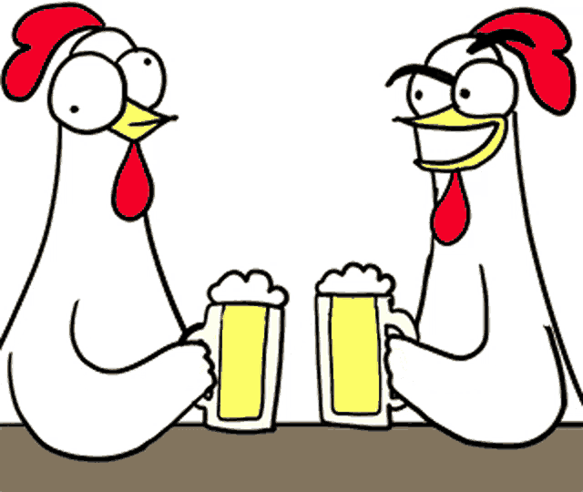 a cartoon of two chickens toasting with beer mugs