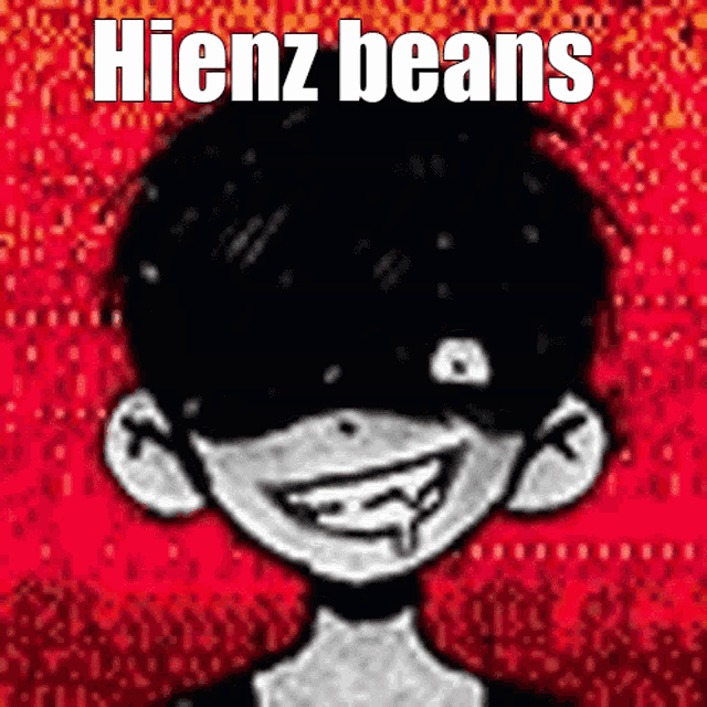 a black and white drawing of a person with the words hienz beans written above it