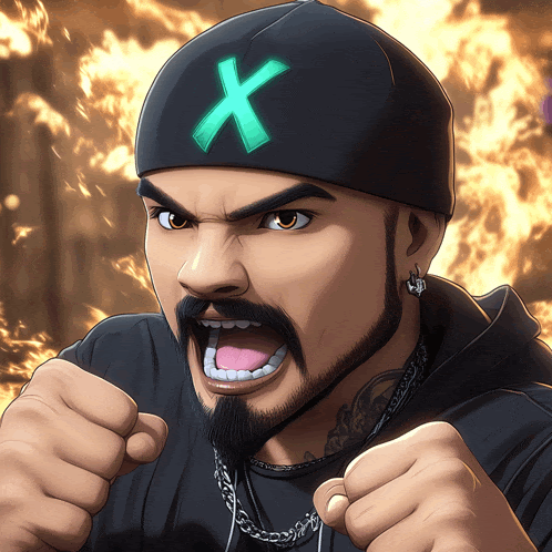 a cartoon drawing of a man with a green x on his hat