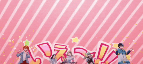 a group of anime characters are dancing in front of a pink striped background