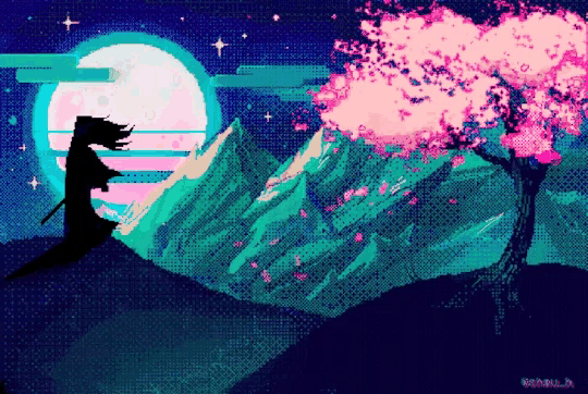 a pixel art of a samurai with a sword and a cherry blossom tree in the background