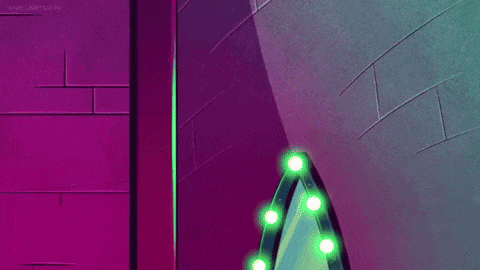 a cartoon character is standing next to a mirror with green lights .