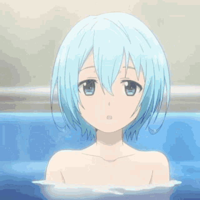 a naked anime girl with blue hair is taking a bath