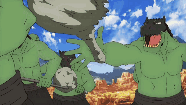 a group of green monsters are fighting each other in a cartoon