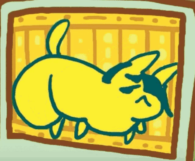 a cartoon drawing of a yellow cat laying down in a cage .