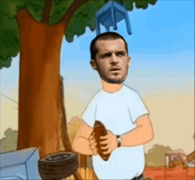 a cartoon of a man holding a football with a chair hanging over his head