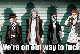 a group of anime characters are standing next to each other with the words " we 're on out way to fuck "