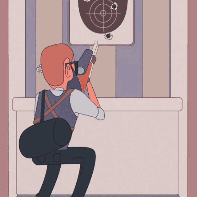 a man shooting a gun at a target with bullets in it