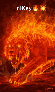 a painting of a lion surrounded by flames with nlkey written on the top