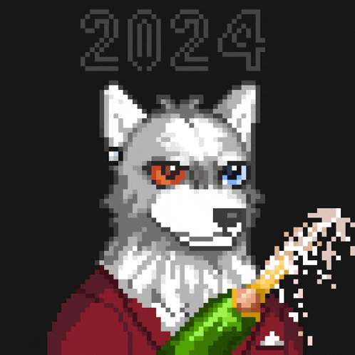 a pixel art of a wolf holding a bottle of champagne with the year 2024 above him