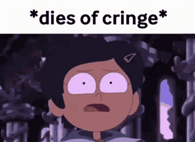 a cartoon character with purple eyes and the words `` dies of cringe '' above her .