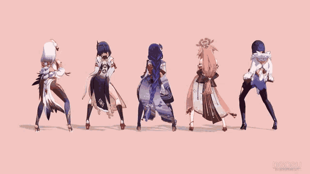 a group of anime characters are dancing in a row with a pink background that says dgosu