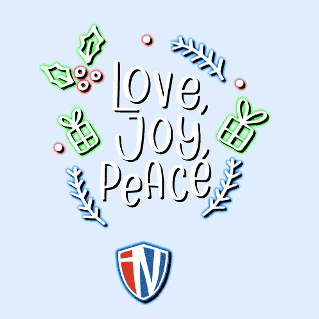 a sign that says love joy peace with gifts and holly