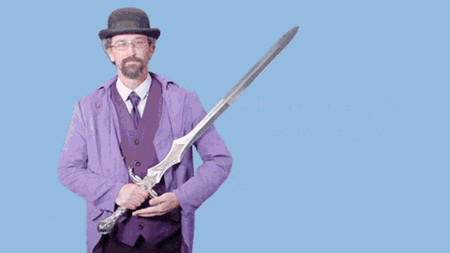 a man in a purple suit is holding a large sword with the words cutting stickers to perfection behind him