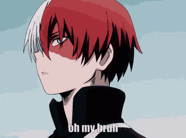 a picture of a boy with red and white hair and the caption oh my bruh