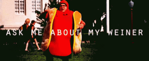 a man in a hot dog costume with the words " ask me about my weiner " below him