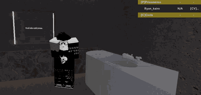 a screenshot of a video game shows a person standing in a bathroom