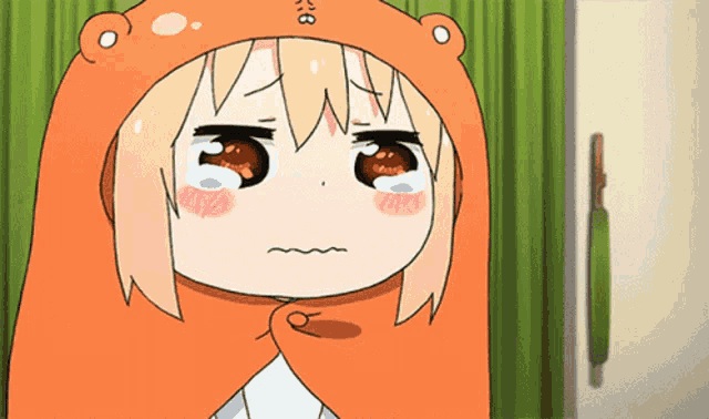 a cartoon girl wearing an orange hooded blanket with the number 8 on it