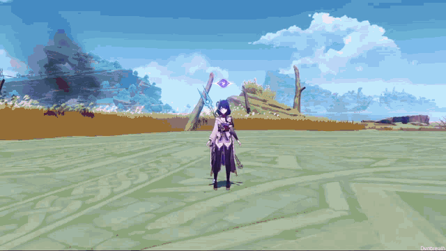 a blurry picture of a person holding a sword with a blue sky in the background