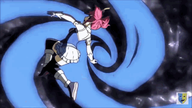 a girl with pink hair is flying through a blue swirl in a cartoon