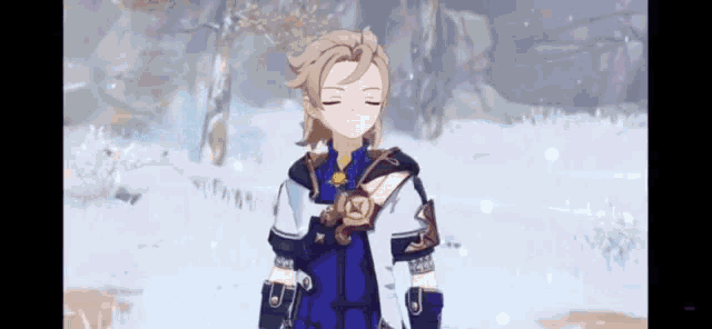 albedo from genshin impact is standing in the snow .