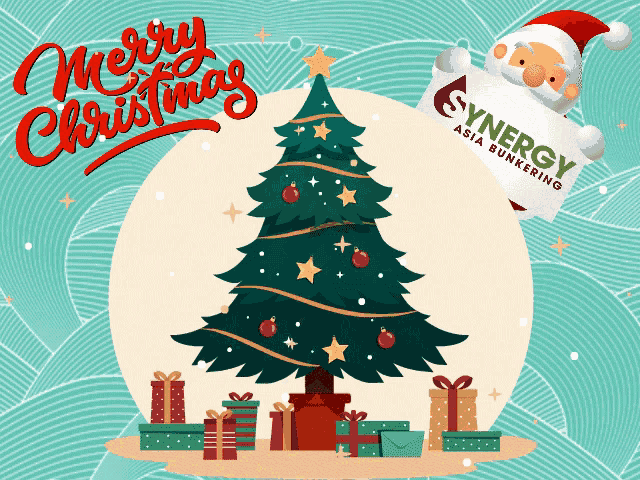 a merry christmas greeting card with a christmas tree and santa claus holding a synergy asia bunkering sign
