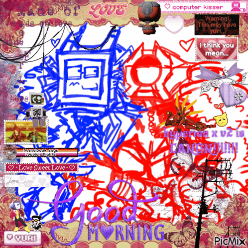 a computer screen with a drawing of a robot and the words good morning on it