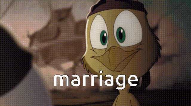 a cartoon of a duck with the word marriage written below it