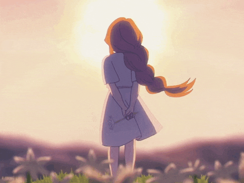 a girl in a white dress stands in a field of flowers holding a flower