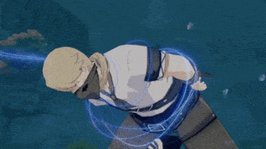 a man is laying on his back in a video game with a blue light behind him