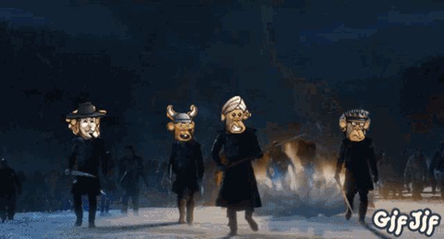 a group of cartoon characters standing in front of a large explosion with gif jif written on the bottom