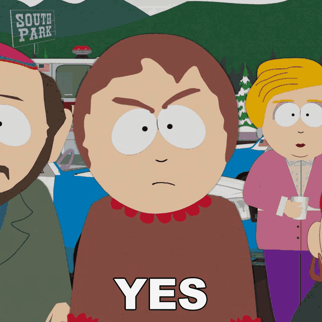 a cartoon character from south park says yes in front of a sign that says south park